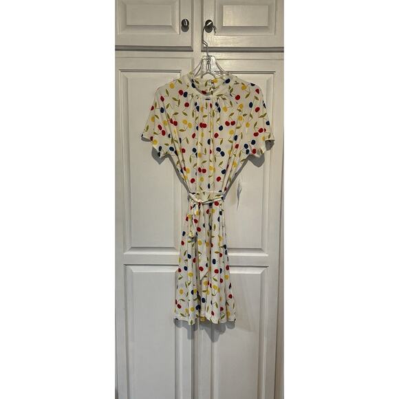 ModCloth Cherry 🍒 Print Retro Swing Dress Size Large White Colorful Belted - Picture 1 of 15